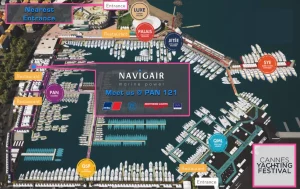 Navigair's booth indicated at the Cannes Yachting Festival
