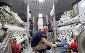 Navigair engineer working on a laptop in the engine room of a superyacht.