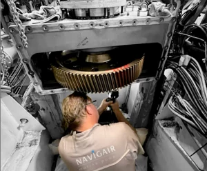 A Navigair technician working on a ZF gearbox on a superyacht.