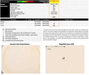 Page 2 of oil analysis document with same sample information and analysis result.