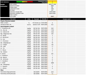 Page 1 of oil analysis document with sample information and test analysis.