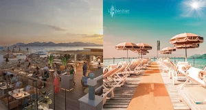 People gathered on the Cannes harbour at Le Benitier Restaurant at sunset next to the Benitier Restaurant under a bright blue sky.