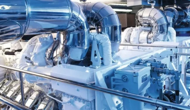 An mtu yacht engine onboard a vessel in its engine room.