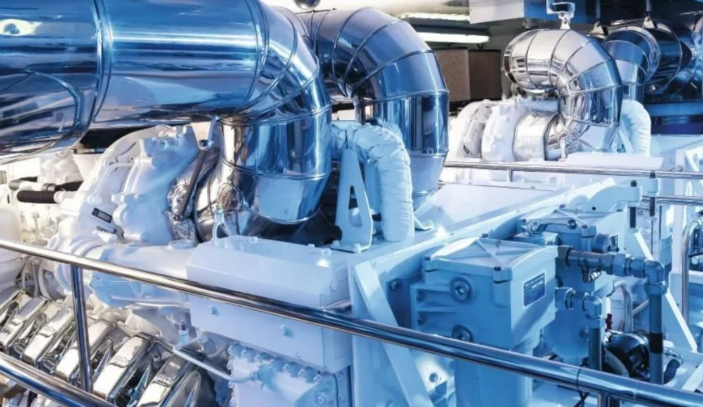 An mtu yacht engine onboard a vessel in its engine room.